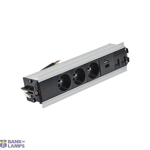 Indesk 3x250V typ E sockets + USB A+C charger + 2xRJ45 plate with Keystone mounting; 10 cm cable; aluminum-black image 1