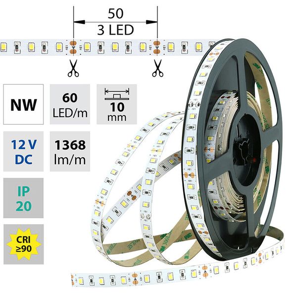 LED strip SMD2835 NW, 60LED/m, 14,4W/m, 1368lm/m, IP20, DC 12V, 10mm, 50m image 1