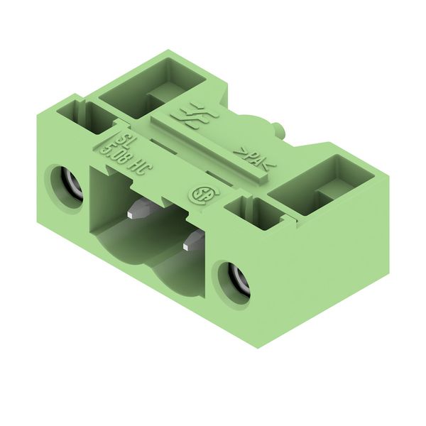 PCB plug-in connector, male header, Flange, THT solder connection, 5.08 mm, Number of poles: 2, 90°, Solder pin length (l): 3.2 mm, tinned, Pale green, Box image 4