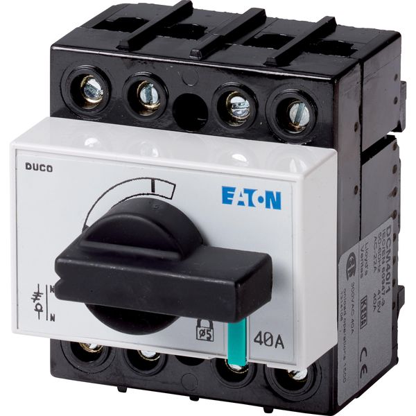 Switch-disconnector, DCM, 40 A, 3P + N (solid), With black rotary handle and drive shaft, Vertical connection image 2