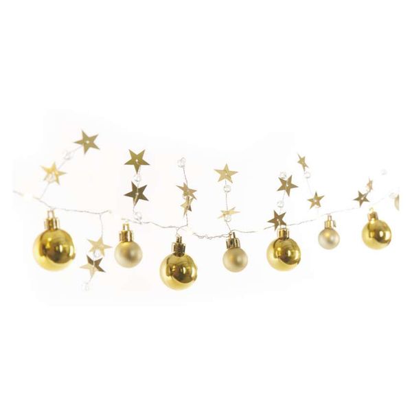 LED Christmas garland – golden spheres with stars, 1.9 m, 2x AA, indoor, warm white, timer image 1