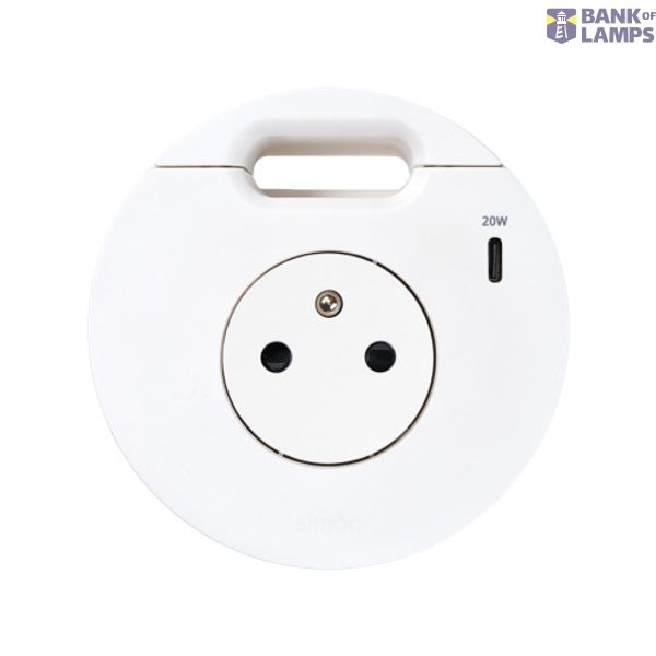 Furniture power socket (pin grounding) with USB-C 20W charger and grommet (cable outlet), Simon 400 Flash 90, IP20, 16A, white, Mount. dimen.: Ø80mm image 1