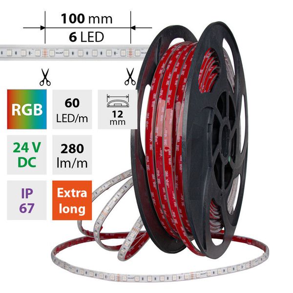 LED strip SMD5050 RGB, 60LED/m, 8W/m, DC 24V, 280lm/m, IP67, 12mm, 50m image 1