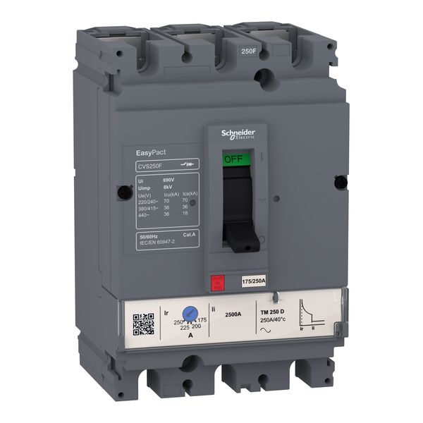 circuit breaker EasyPact CVS250F, 36 kA at 415 VAC, 160 A rating thermal magnetic TM-D trip unit, 3P 3d image 3