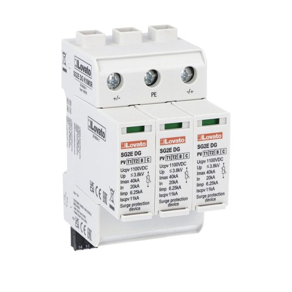 Surge protection device type 1,2 for photovoltaic applications with plug-in cartridge, Un 1100VDC, short-circuit current Iscpv 11kA, +, -, PE. With remote contact image 1