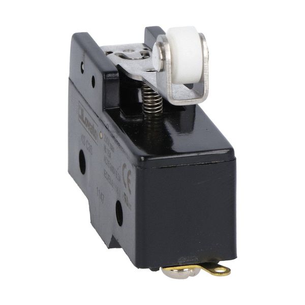 Plastic micro switch, K series, roller centre push lever. 38mm/1.5in long lever. Contacts 1NO/NC. Solder terminals image 1