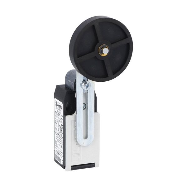 Limit switch, K series, adjustable roller lever, 1 bottom cable entry. Dimensions to EN 50047, plastic body, contacts 2NC snap action. Rubber roller with offset alignment image 1