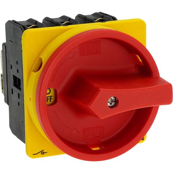 P3-100/EA/SVB Main switch, P3, 100 A, flush mounting, 3 pole, Emergency switching off function, With red rotary handle and yellow locking ring, Lockable in the 0 (O image 36
