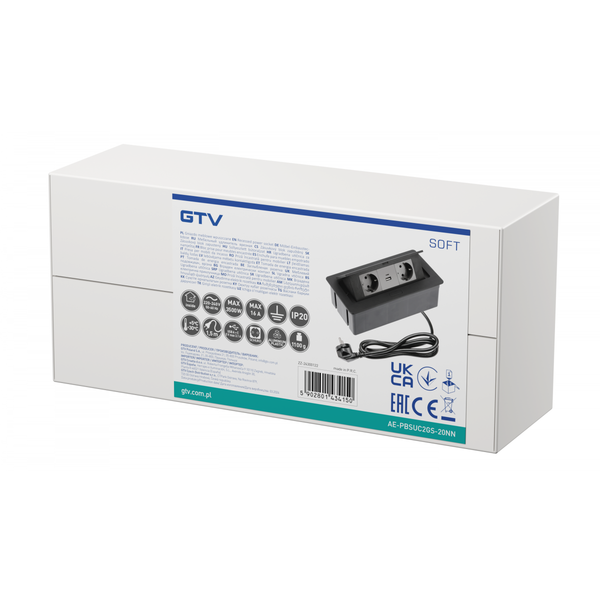 Furniture socket SOFT, 2xSHUKO, USB A+С, cable 1.5 m, black image 2