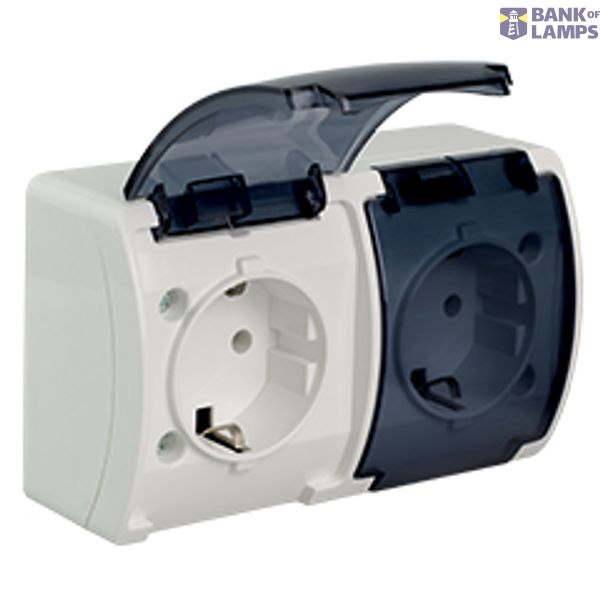 VG-2 Koala Double Socket 2x2P+Z SCHUKO surface mounted IP44 white with smoky (transparent) flap VG 182-51 image 1