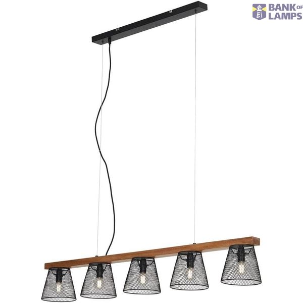 Pendant light, black, with wood, metal, 5xE14 excl. image 1