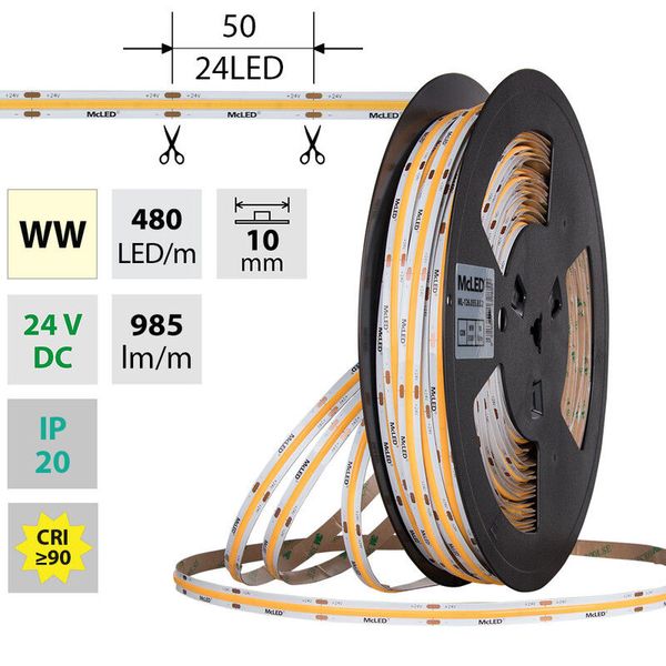 LED strip COB WW, 480LED/m, 10W/m, DC 24V, 985lm/m, CRI90, IP20, 10mm, 50m image 1