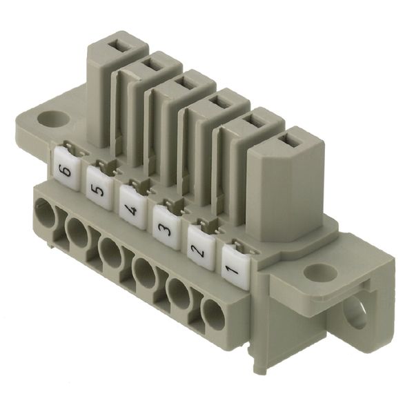 PCB plug-in connector, female header, Flange, THT solder connection, 7.00 mm, Number of poles: 4, 180°, Solder pin length (l): 3.2 mm, silver-plated, Pebble grey, Box image 1