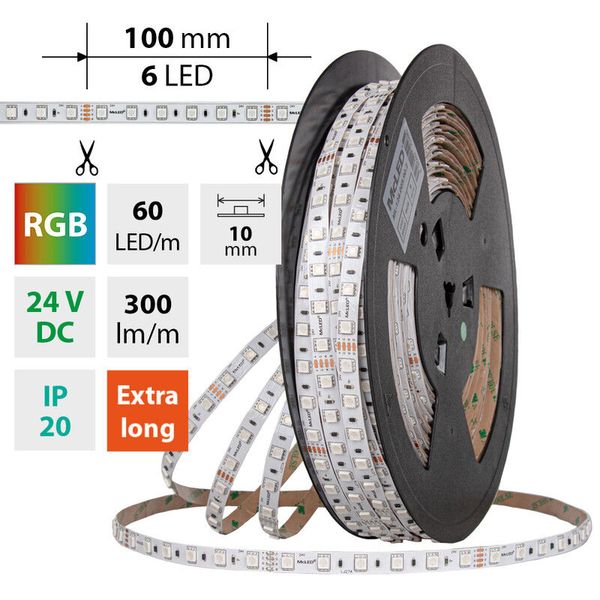 LED strip SMD5050 RGB, 60LED/m, 8W/m, DC 24V, 300lm/m, IP20, 10mm, 50m image 1