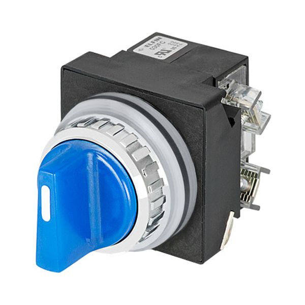Illuminated knob selector switch, blue, 3-position, Cam O led BA9S, spring return to Centre, 2 N.O. image 1