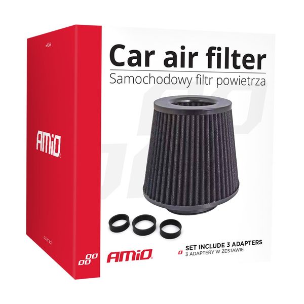 Car Air Conical Filter black, universal, 3 mouting adapters AMIO-02546 image 1