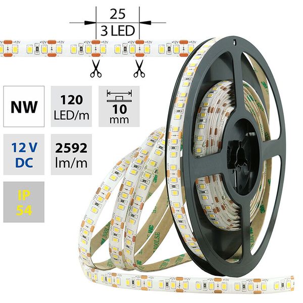 LED strip SMD2835 NW, 120LED/m, 28,8W/m, 2592lm/m, IP54, DC 12V, 10mm, 5m image 1