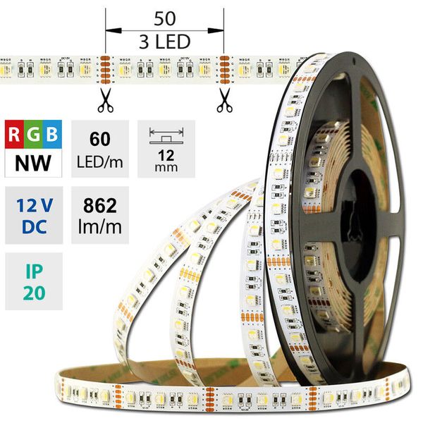 LED strip SMD5050 RGB + NW, 60LED/m, 19,2W/m, 862lm/m, IP20, DC12V, 12mm, 50m image 1