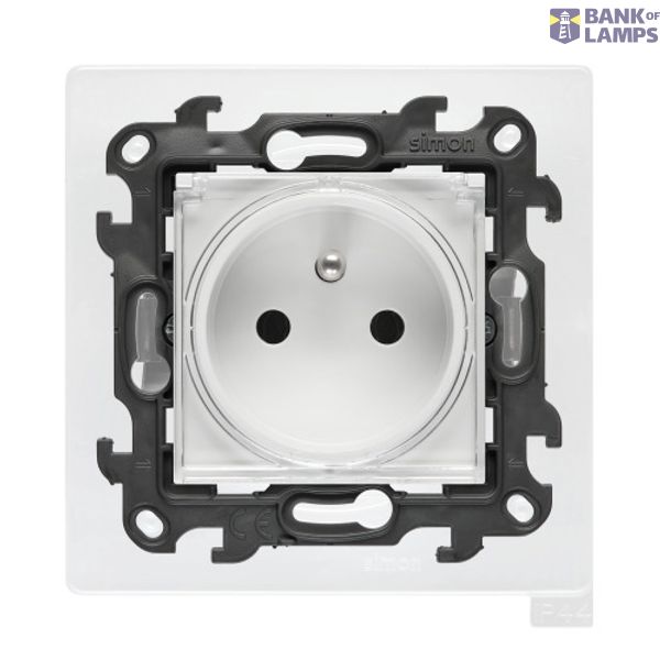 Single socket outlet with earthing for IP44 version with frame seal, with shutters, (module), Simon 24, IP44, 16A, white, Flap color: Transparent image 1