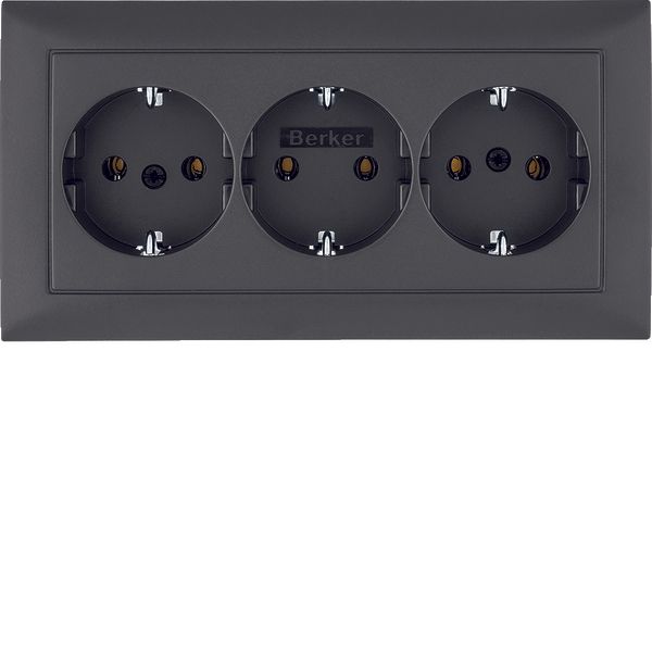 3gang SCHUKO soc. out. cover plate, S.1, ant., matt image 1