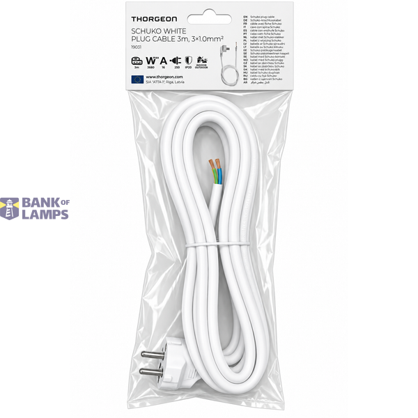 SCHUKO Plug Cable 3m, 3×1.0mm², 16A 250V~Max:3680W, IP20 White image 2