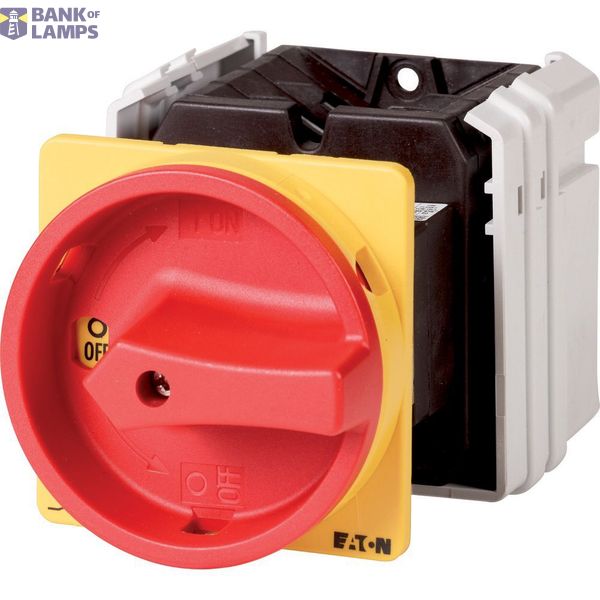 Main switch, T5, 100 A, rear mounting, 2 contact unit(s), 4 pole, Emergency switching off function, With red rotary handle and yellow locking ring image 1