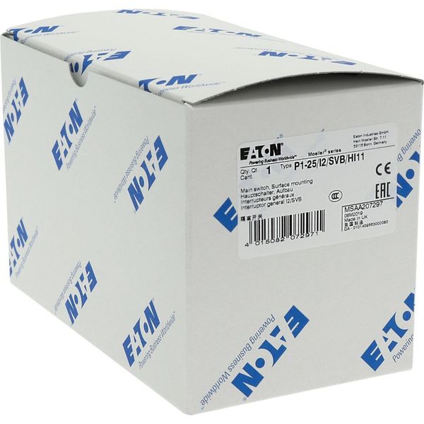 P1-25/I2/SVB/HI11 Main switch, P1, 25 A, surface mounting, 3 pole, 1 N/O, 1 N/C, Emergency switching off function, With red rotary handle and yellow locking ring, Locka image 36