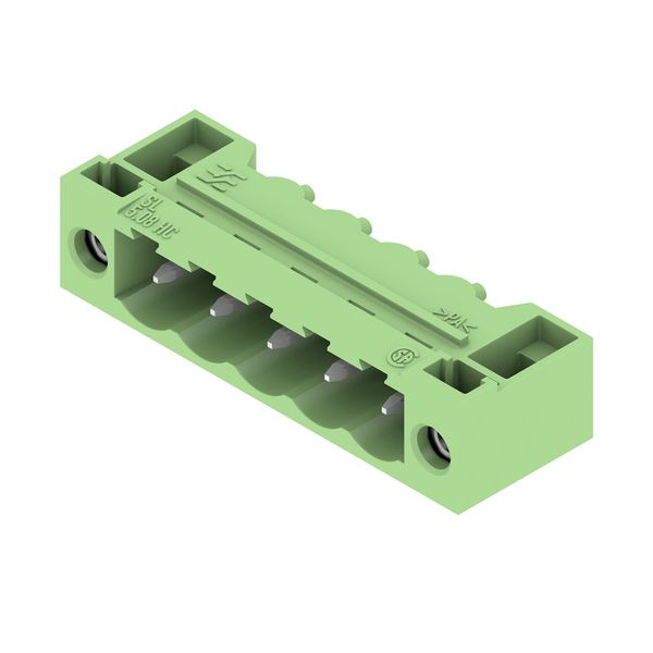 PCB plug-in connector, male header, Flange, THT solder connection, 5.08 mm, Number of poles: 5, 90°, Solder pin length (l): 3.2 mm, tinned, Pale green, Box image 3