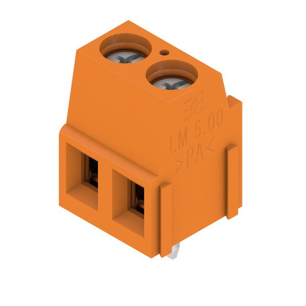 Printed circuit board terminals, 5.08 mm, Number of poles: 2, 90°, Solder pin length (l): 3.5 mm, tinned, orange, Clamping yoke connection, Clamping range, max. : 2.5 mm², Box image 3