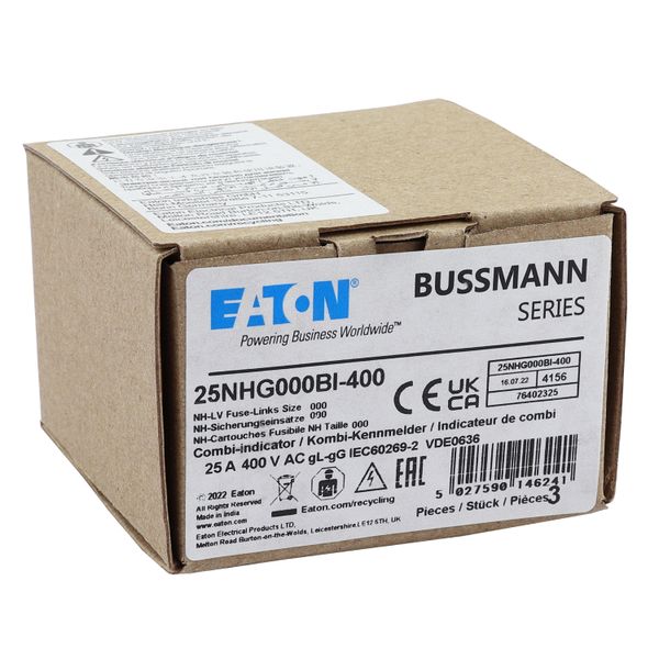 Fuse-link, LV, 25 A, AC 400 V, NH000, gL/gG, IEC, dual indicator, insulated gripping lugs image 15