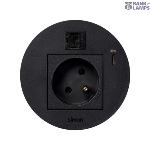 Furniture power socket (pin grounding) with USB-C 20W charger and RJ45 connector cat. 6 UTP (Keystone), Simon 400 Flash 90, IP20, 16A, black, Mount. dimen.: Ø80mm image 1