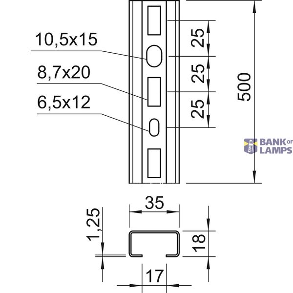 Profile rail perforated, slot 17mm 500x35x18 Steel Hot-dip galvanised image 2