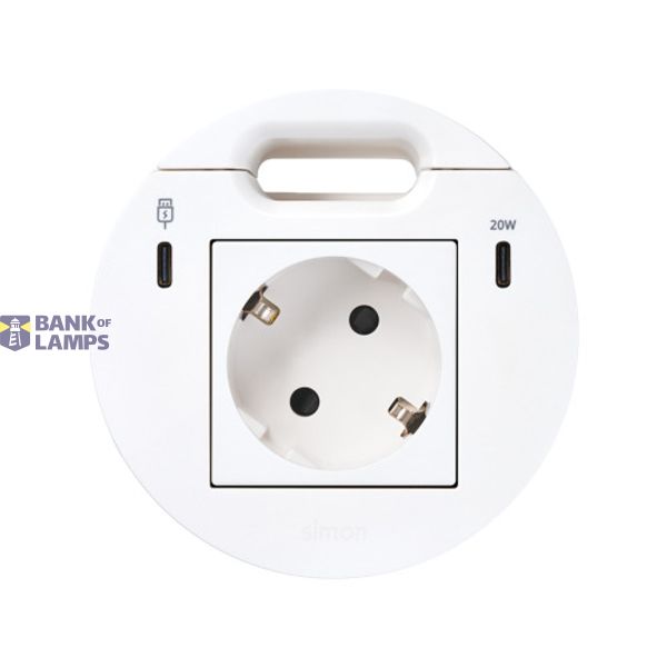 Furniture power socket (schuko grounding) with USB-C 20W charger, USB Type C DATA port and grommet (cable outlet)- 1x HDMI + LAN + 3x USB Type A docking station included, Simon 400 Flash 90, IP20, 16A, white, Mount. dimen.: Ø80mm image 1