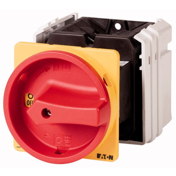 T5-1-8200/V/SVB Main switch, T5, 100 A, rear mounting, 1 contact unit(s), 1 pole, Emergency switching off function, With red rotary handle and yellow locking ring image 1