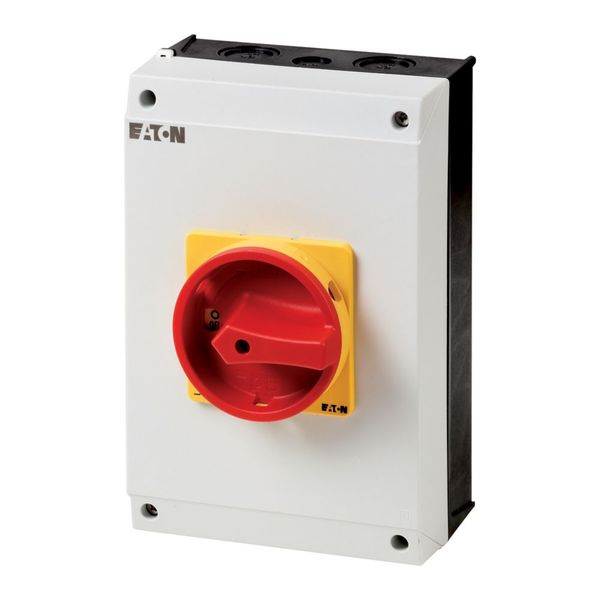 T5B-4-15682/I4/SVB Main switch, T5B, 63 A, surface mounting, 4 contact unit(s), 6 pole, 1 N/O, 1 N/C, Emergency switching off function, With red rotary handle and yellow image 45