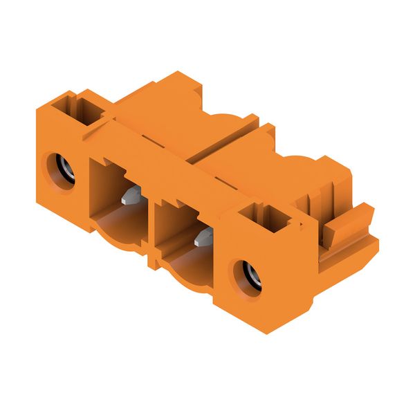 PCB plug-in connector, male header, Flange, THT solder connection, 7.62 mm, Number of poles: 2, 90°, Solder pin length (l): 3.2 mm, tinned, orange, Box image 2