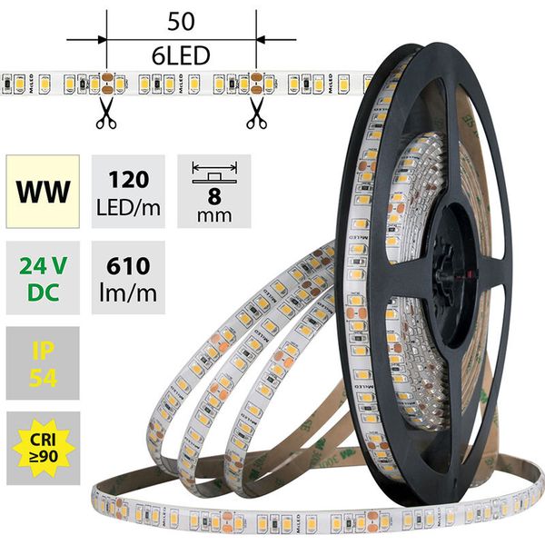 LED strip SMD2835 WW, 120LED/m, 9,6W/m, DC 24V, 610lm/m, CRI90, IP54, 8mm, 5m image 1