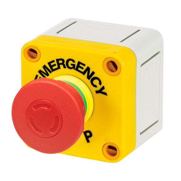 Polystyrene push-button enclosure 65x65x57 with red mushroom push-button Ø 40, twist release image 1