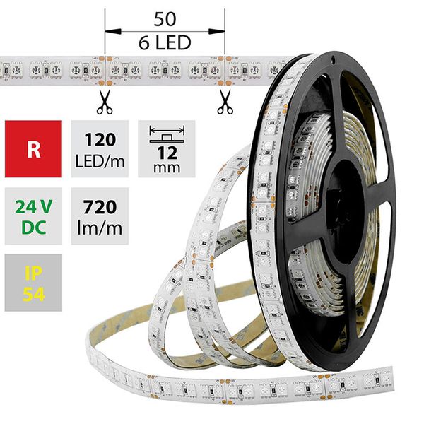 LED strip SMD5050 red, 120LED/m, 28.8W/m, 720lm/m, IP54, DC 24V, 12mm, 5m image 1