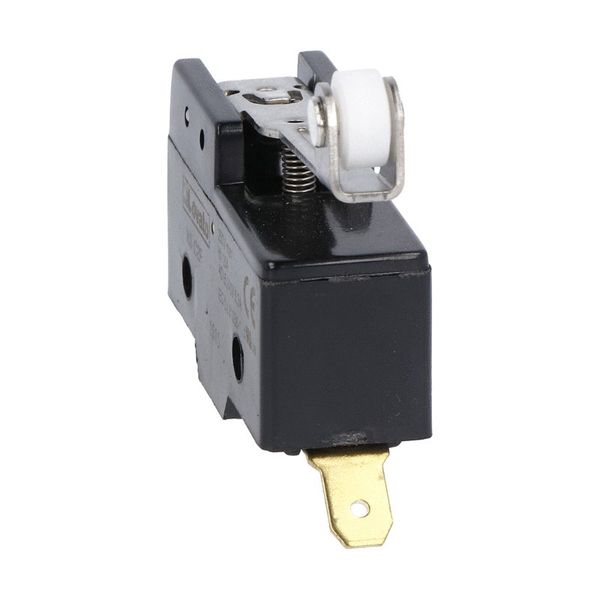 Plastic micro switch, K series, roller centre push lever. 48.5mm/1.91in long lever. Contacts 1NO/NC. Faston terminals image 1