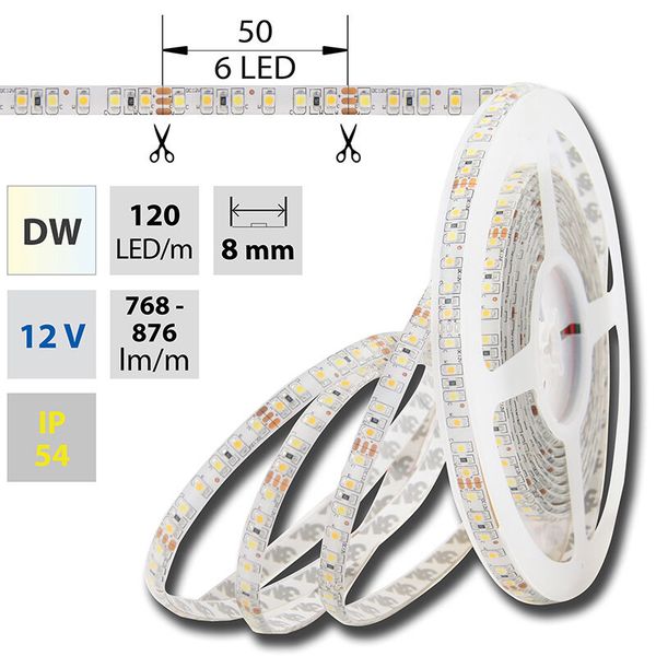 LED strip SMD3528 dual white WW-CW, 120LED/m, 9,6W/m, 676lm/m, IP54 DC12V 8mm image 1