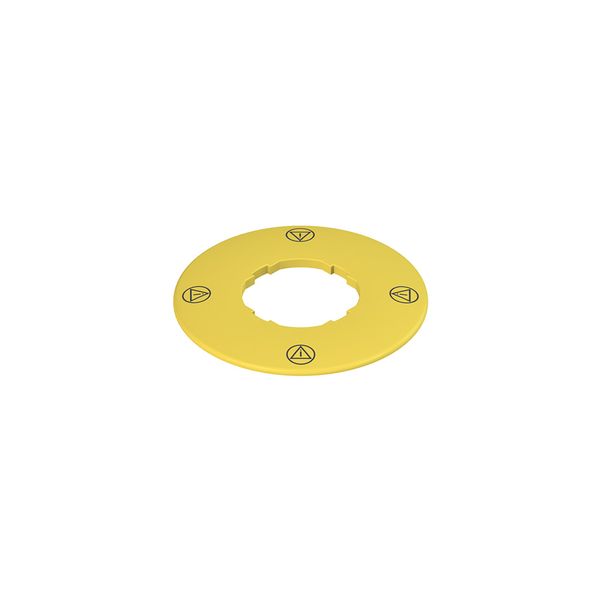 Label with shaped hole, Ø 60 mm yellow disc, writing: acc. to ISO 13850 image 1