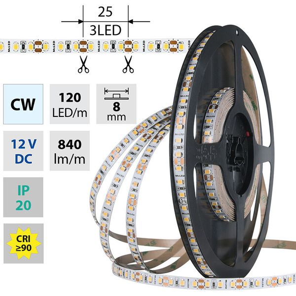 LED strip SMD2835 CW, 120LED/m, 9,6W/m, DC 12V, 840lm/m, CRI90, IP20, 8mm, 5m image 1