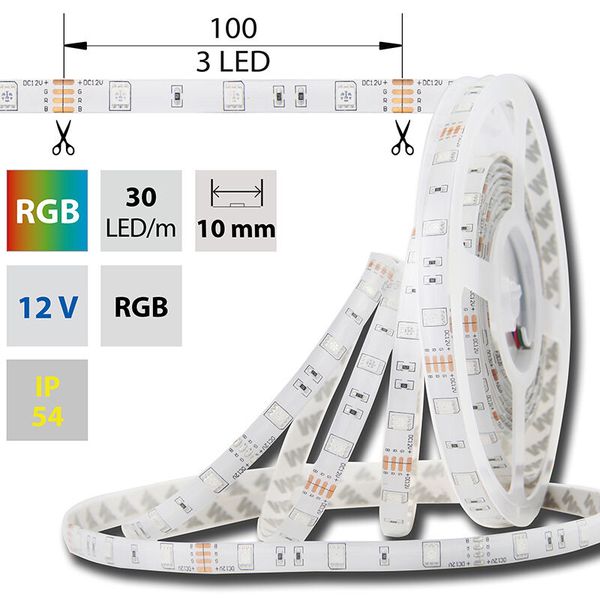 LED strip SMD5050 RGB, 30LED/m, 7,2W/m, DC12V, 248lm/m, IP54, 10mm, 5m image 1