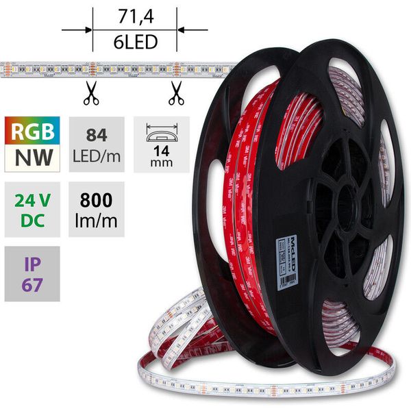 LED strip SMD5050 RGB + NW, 84LED/m, 15W/m, DC24V, 800lm/m, IP67, 14mm, 50m image 1
