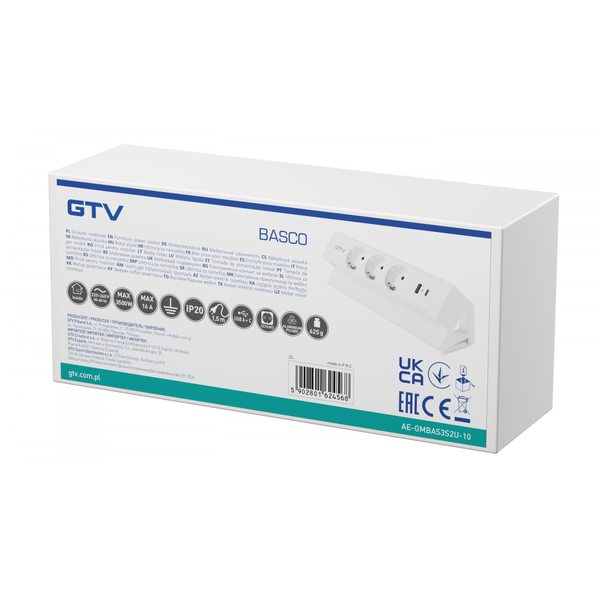 Furniture socket BASCO, 3xSHUKO, USB A+C, cable 1.5 m, white image 1