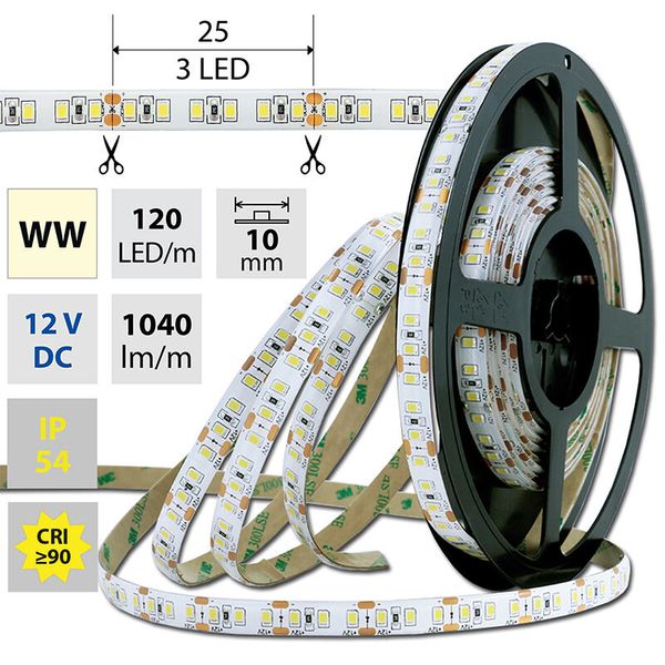 LED strip SMD2835 WW, 120LED/m, 14W/m, 1040lm/m, IP54, DC 12V, 10mm, 5m image 1