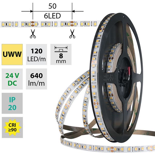 LED strip SMD2835 UWW, 120LED/m, 9,6W/m, DC 24V, 640lm/m, CRI90, IP20, 8mm, 50m image 1