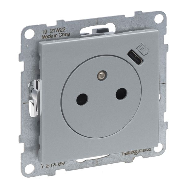 COMBINED SOCKET 2P+E FRENCH STANDARD AUTO TERMINALS SHUTTERED + USB TYPE C ALU image 1