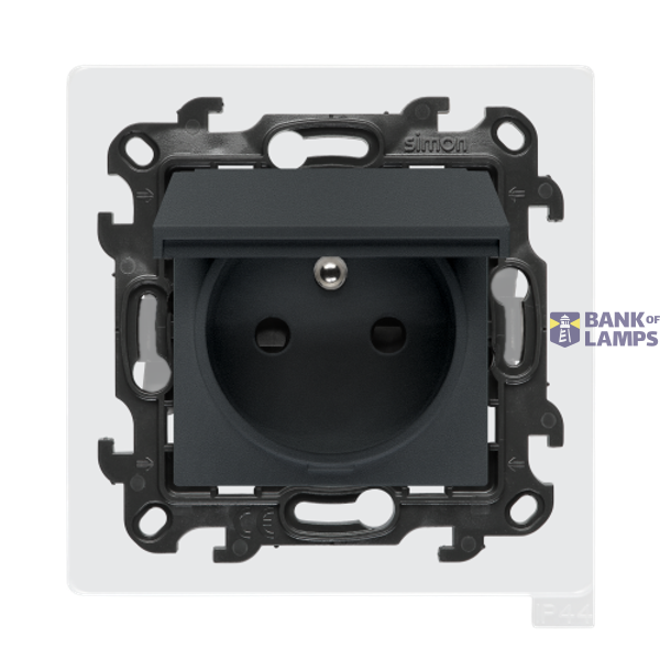 Single socket outlet with earthing for IP44 version with frame seal, with shutters, (module), Simon 24, IP44, 16A, graphite mat, Flap color: Same as a cover image 1